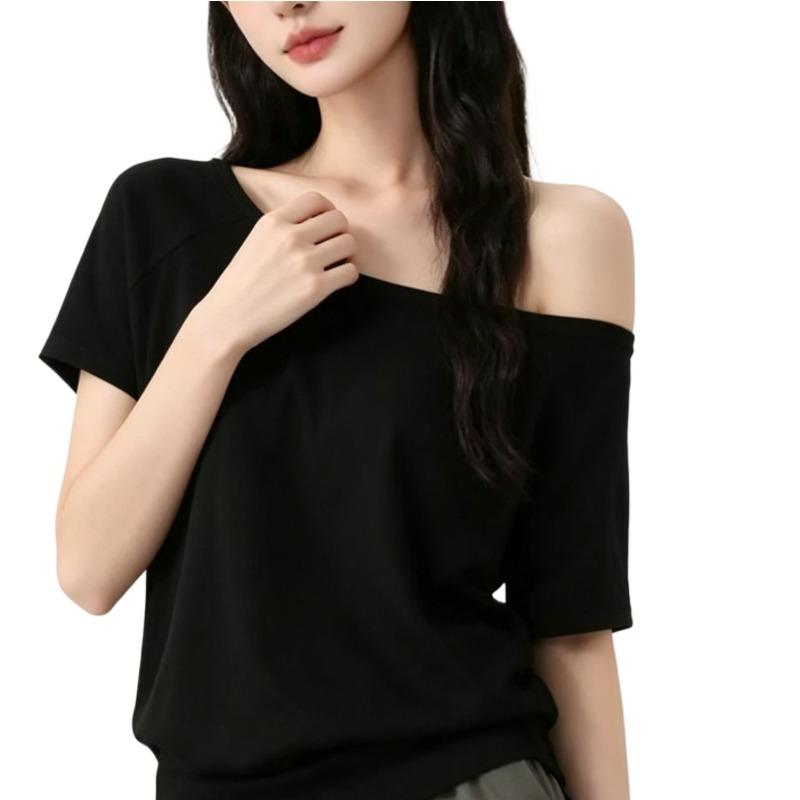 Women's Black T-shirt Ladies' Sloping Shoulders Slimming Short Sleeves Blouse Summer New Female Versatile Korean Version Top