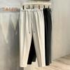 Men Suit Pants Drawstring Elastic Waist Straight Leg Solid Color Loose Formal Business Style Office Wear Trousers Ninth Pants