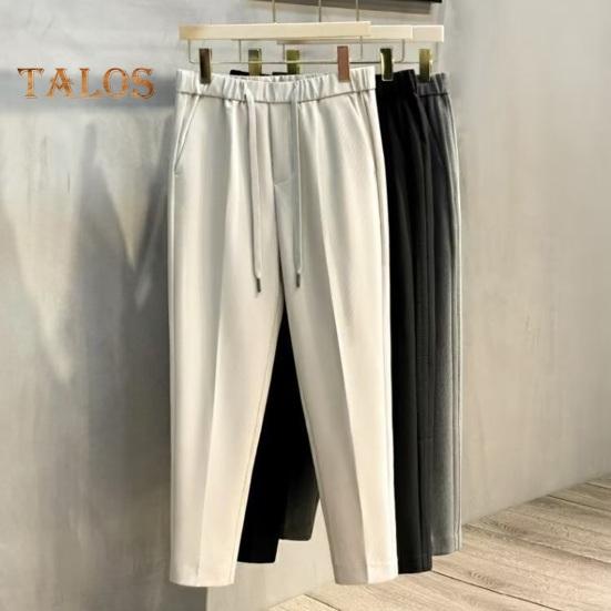 Men Suit Pants Drawstring Elastic Waist Straight Leg Solid Color Loose Formal Business Style Office Wear Trousers Ninth Pants