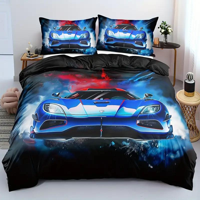 Racing Car Duvet Cover Set - 3D Cartoon Vehicle Print All-Season Bedding Set- 100% Polyester Breathable Fabric, Machine Washable