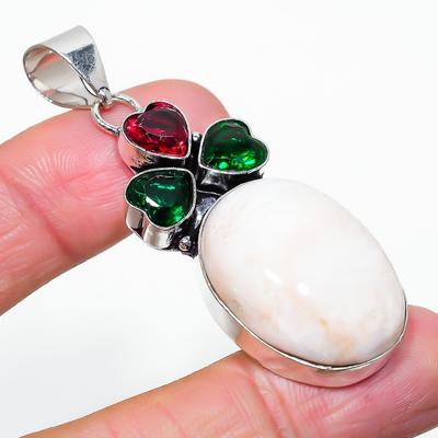 Natural Scolecite, Diopside Gemstone 925 Sterling Silver Pendant 2.40" Q5C12