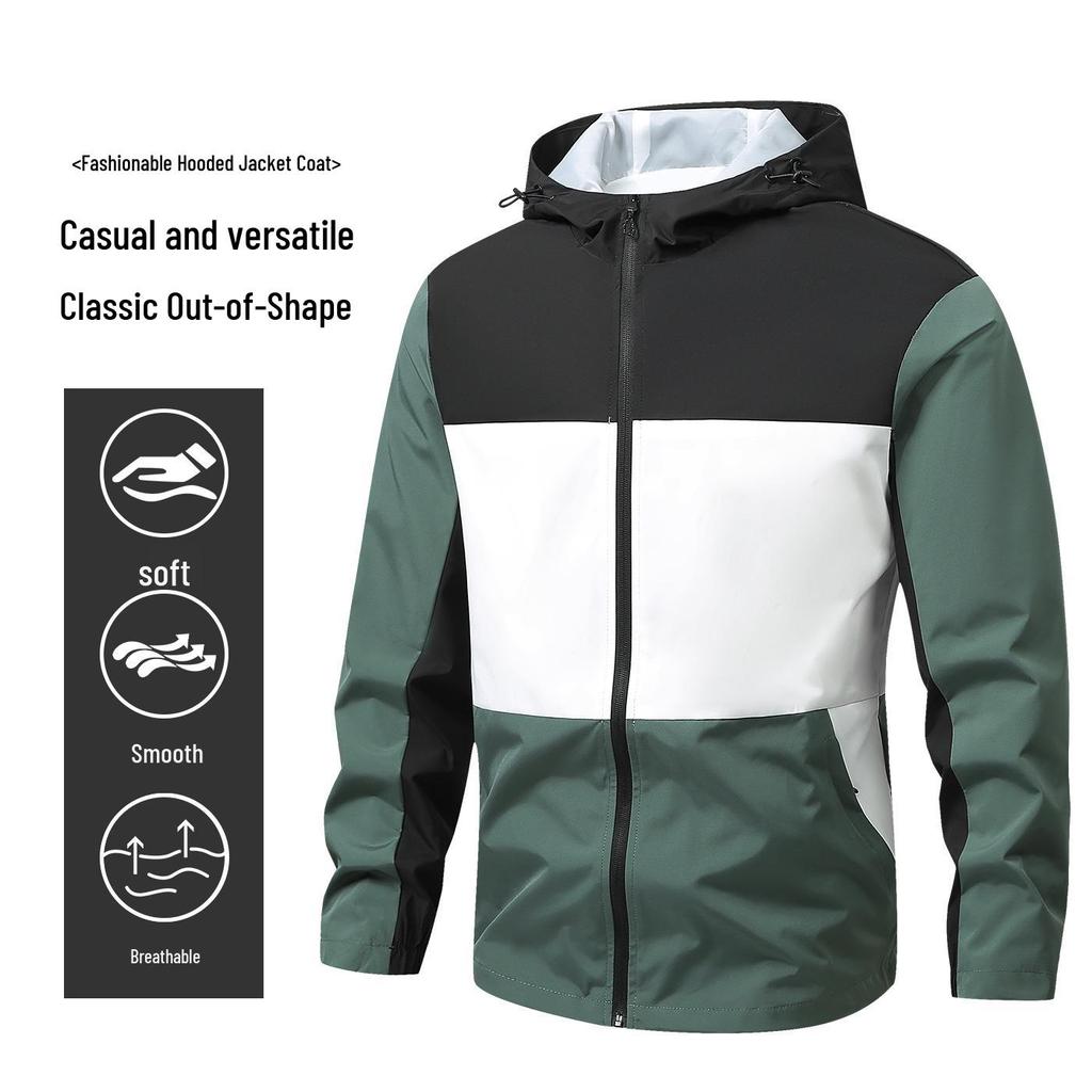Men's European Size Hooded Jacket - Spring/Autumn, Casual, Breathable, Color Block Fashion, Trendy.