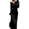 French black off-the-shoulder v-neck long-sleeved dress, autumn dress for women, small man with waist temperament, waist-exposed, bottom-up dress