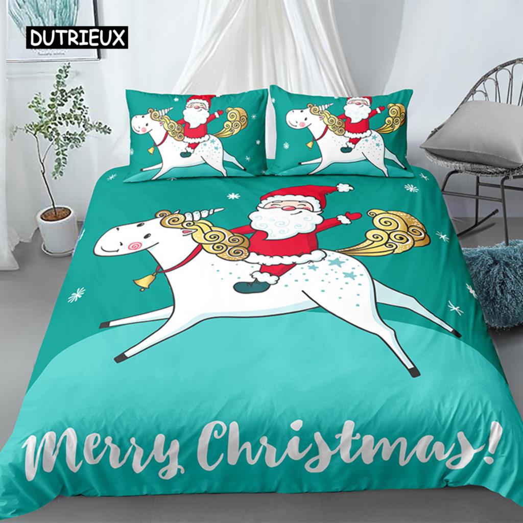 Merry Christmas King Queen Duvet Red Cartoon Santa Car Animals Bedding Set for Children Boy Girl Happy Holiday Theme Quilt Cover