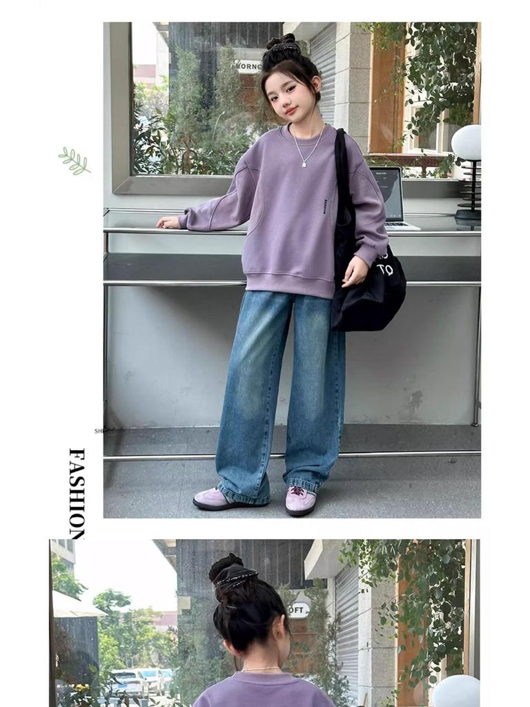 Dívčí módní volná mikina s kulatým výstřihem a dlouhým rukávem - Kolekce Podzim/Jaro 2025