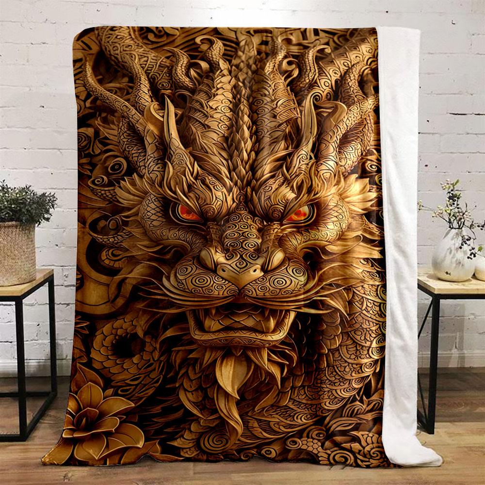 Intricate golden dragon with swirling patterns and glowing eyes. for all seasons blanket lunch break throw gift