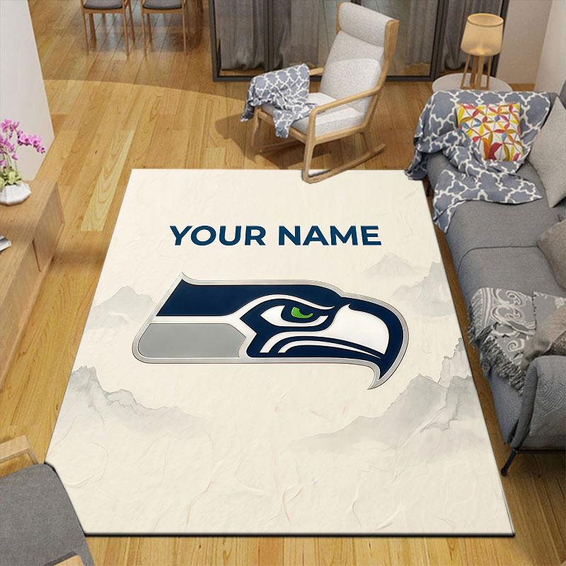 Custom Name,Seattle Seahawks Home Sofa Decoration for Living Room & Bedroom, Non‑Slip Play Flannel Floor Mat for Game Room