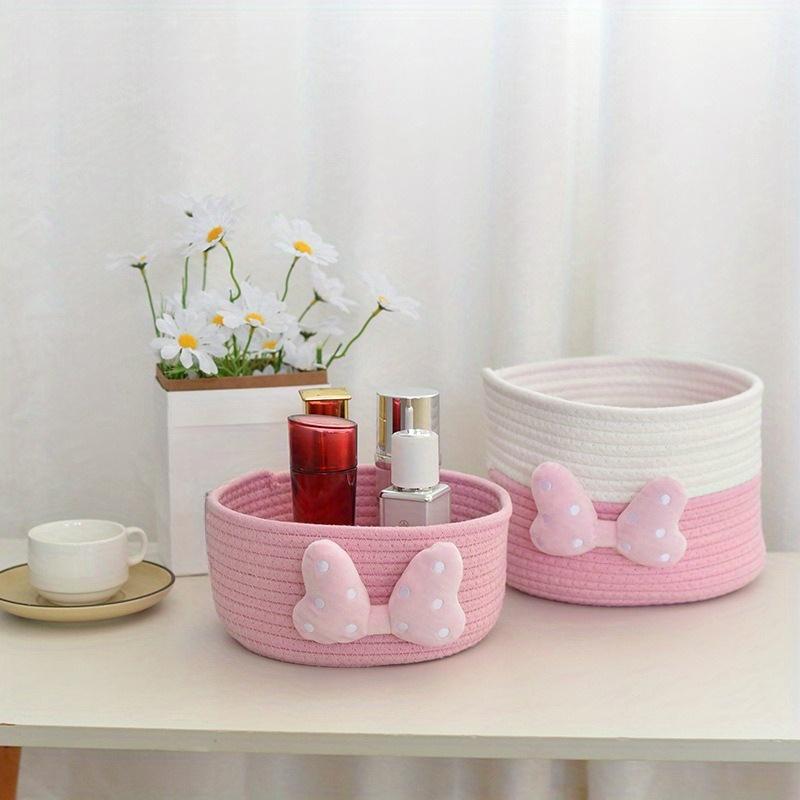 2pcs Adorable Korean-Style Handwoven Storage Basket - Handbag Organizer for Cosmetics, Snacks and Accessories Bowknot Design
