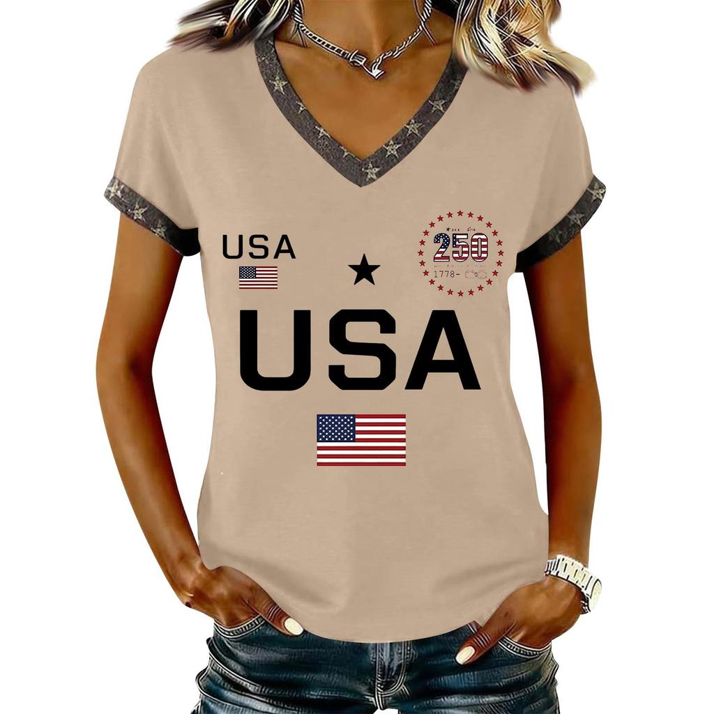Damen Lässiger V-Ausschnitt Kurzarm Pullover Bedrucktes T-Shirt Top