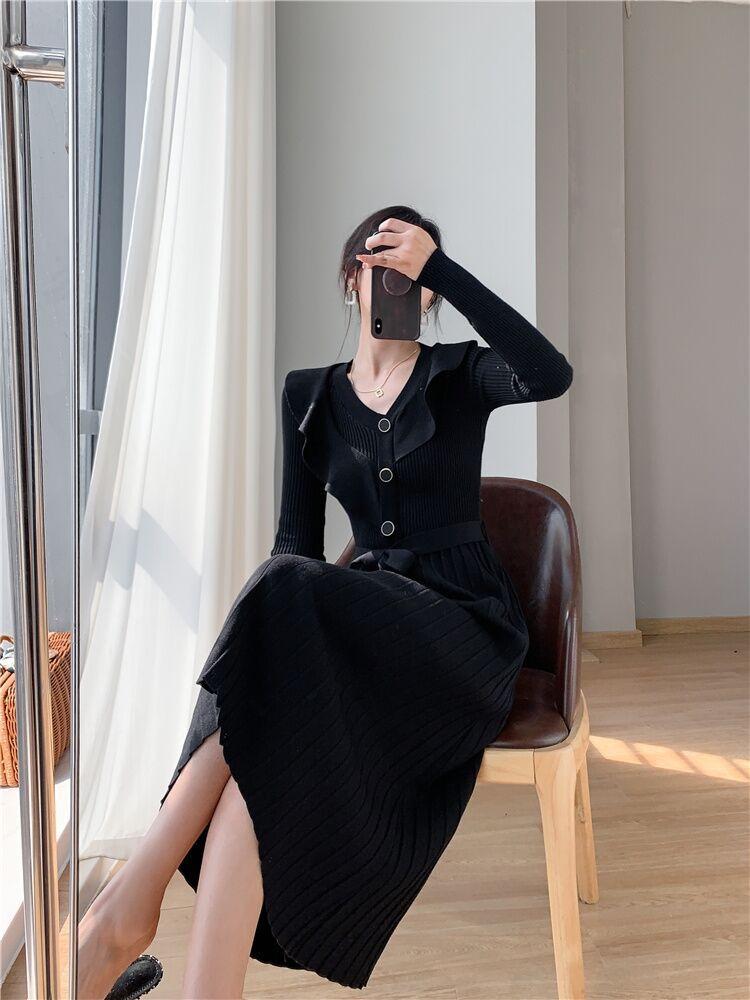 

Весна новый темперамент приталенное вязаное платье высококлассная талия муза фасон миди и длинное платье S чёрный