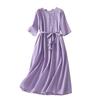 2025 Summer New High-end Cotton and Linen Embroidered Dress Women's Waist Strap-up Thin Solid Color Pendulum Medium and Long Dress