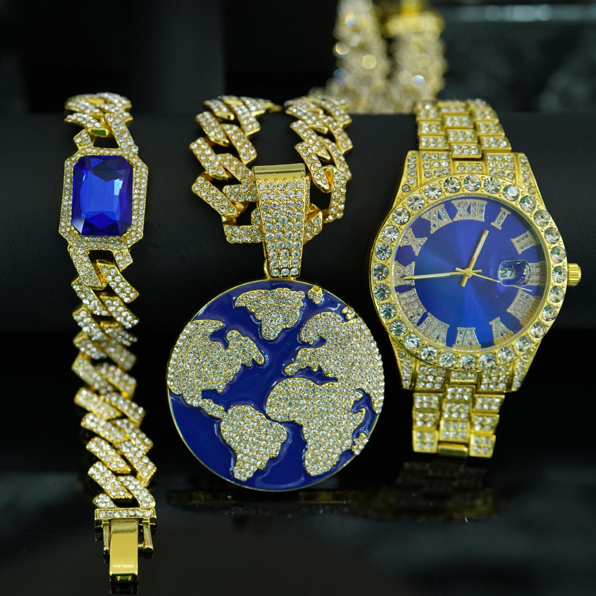 Fashion Jewelry Blue Drip Oil Earth Pendant Necklace Blue Watch Bracelet Set Earth and Time