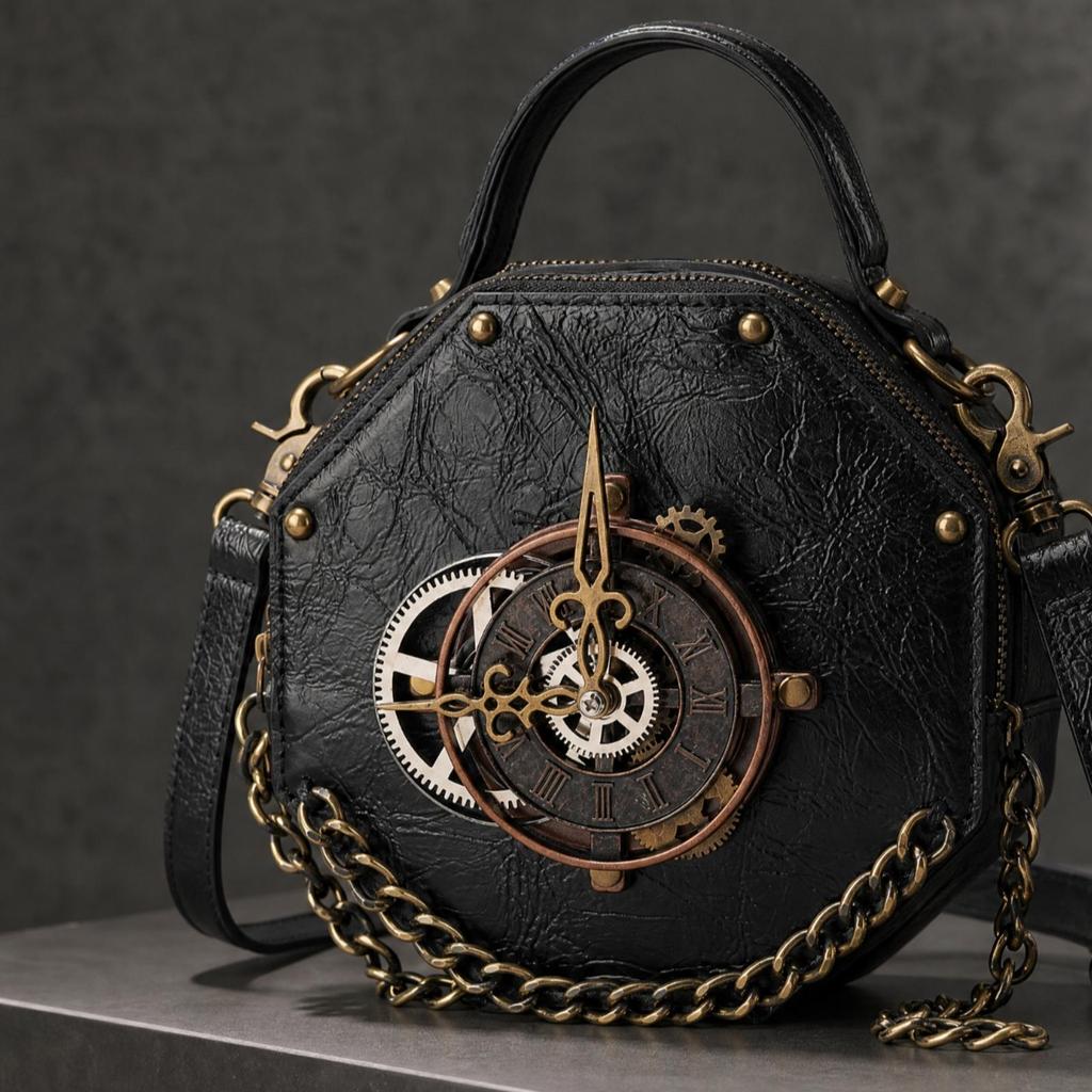 Steampunk Shoulder Bag with Clock Face Retro PU Crossbody Chain Trim