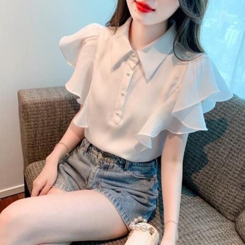 

Минималистичный Летний Новый Женский Поло-воротник Пуговичный Сращенный Рукав-бабочка Модный Сладкий Шикарный Базовый Шифоновый Блузон 4XL белый