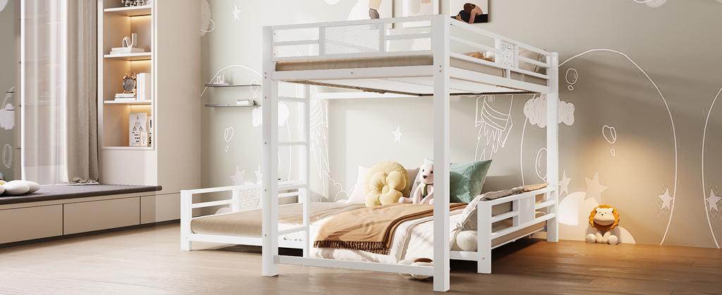 Letto a castello in metallo a L 90x200 sopra 140x200, Bianco