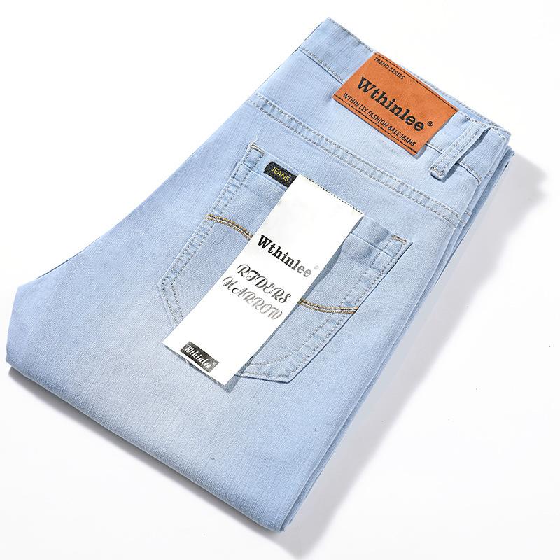 Summer denim trousers for men - relaxed straight-leg fit in light blue, trendy casual long trousers in a lightweight style