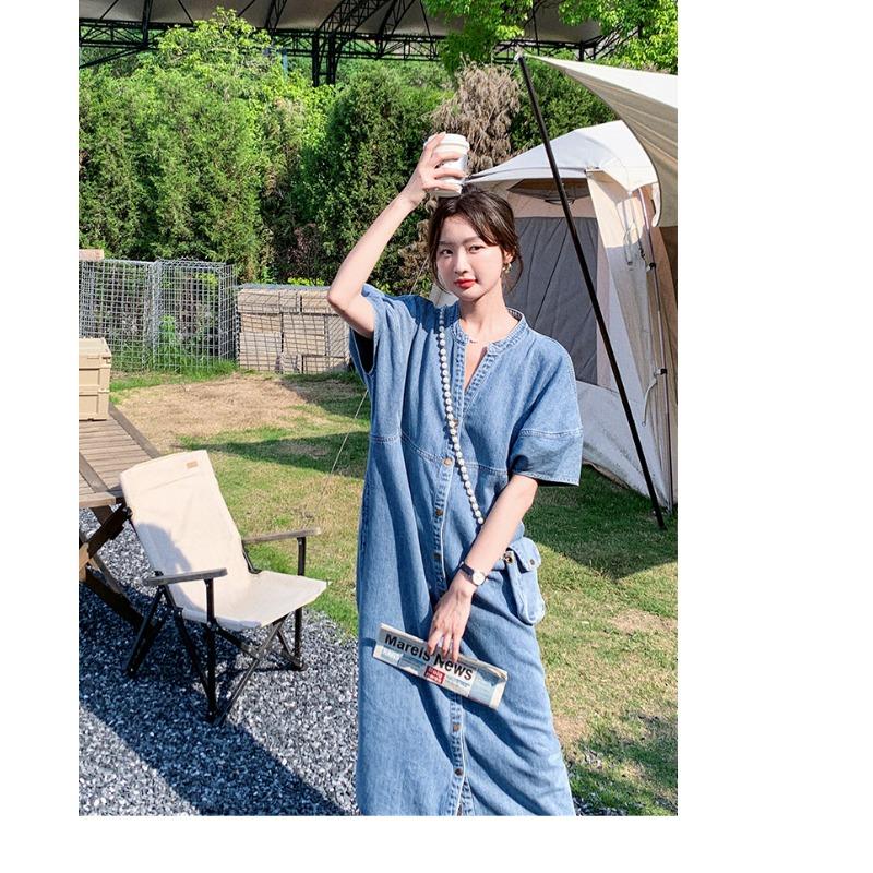 Vintage Hong Kong Style Denim Dress for Women Summer Thin Fabric High End Sense Loose Casual Straight Long Dress