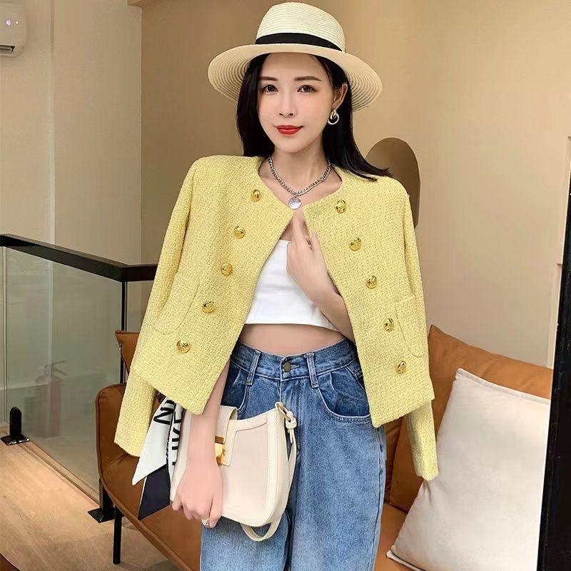 Sophisticated and Cute Round-necked Short Jacket with Double-breasted Buttons