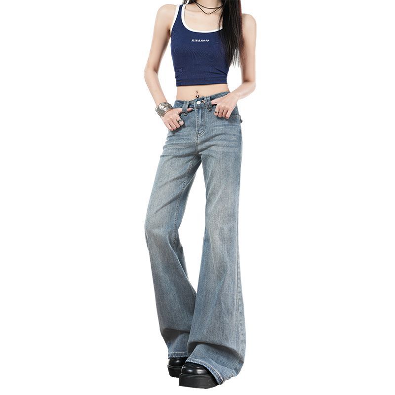 Spring Summer Back Pocket Button Detail Vintage Micro Flare Elegant Slim Fit Denim Pants Women Casual Pants Oversize Denim Trousers