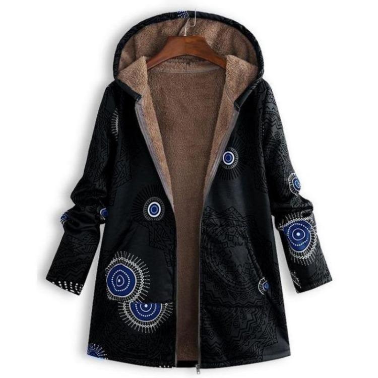 Vintage Floral Fleece Jacket for Women Warm Hooded Long Sleeve Coat with Pockets Casual Fashion Zipper Outerwear