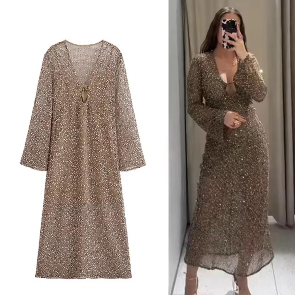 LYRIA Sexy Sequined Long Pleated Dress Women Deep V-neck Full Sleeve See Through Dresses Summer Lady Party Evening Dresses