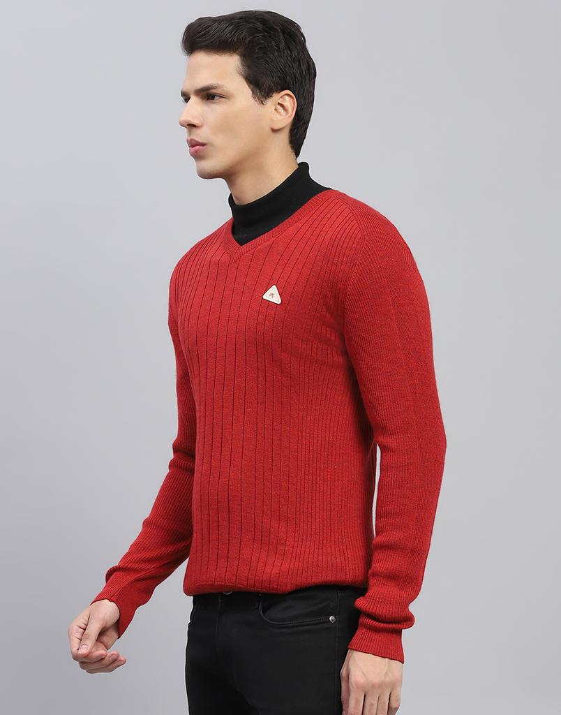 MONTE CARLO Mens Maroon Solid V Neck Full Sleeve Pullover