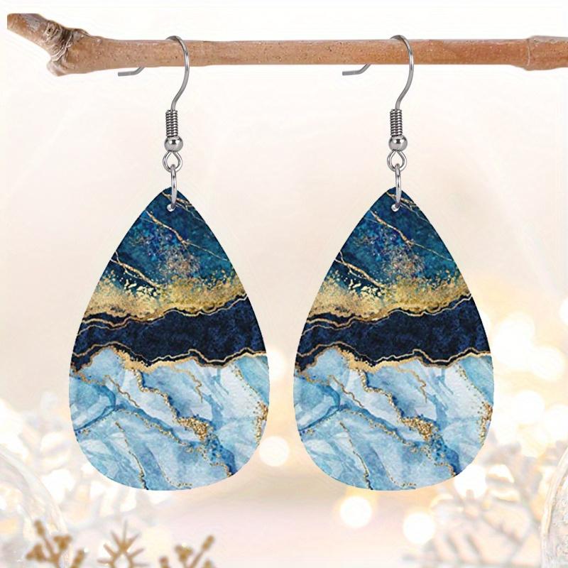 2D Flat Lightweight PU Leather Printed Teardrop Earrings, Blue-Purple Gradient Marble Pattern & Black Rose Design, Women's Fashion Pendant Earrings