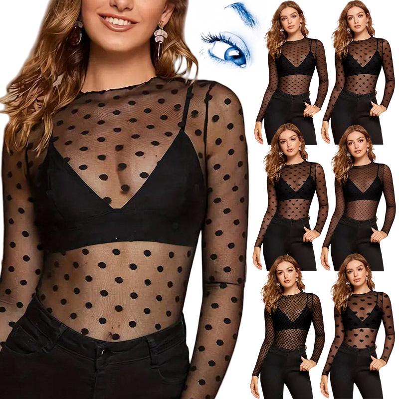 European & American Hot Style Lace Women's Mesh Club Top - See-through Base Shirt