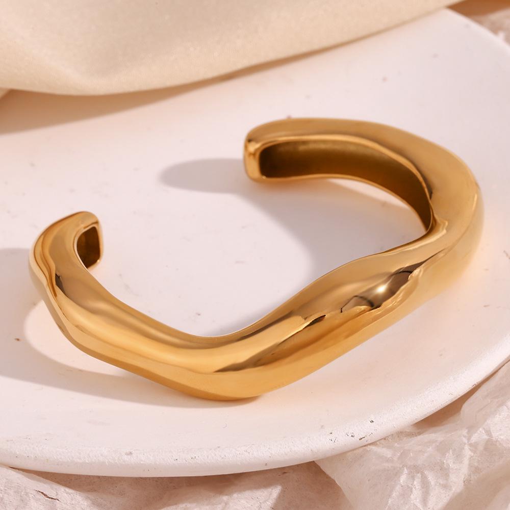 18K Gold-Plated Stainless Steel Wave Open Bangle for Women