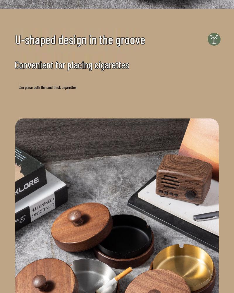 Gold-Stainless Steel Ashtray with Lid, Solid Wood Base – Anti-Ash Design for Home and Office, Ideal Gift.