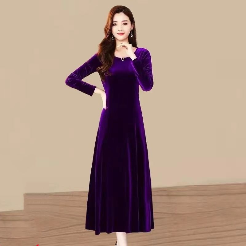 Women's Crew Neck Long Sleeve Solid Velvet Maxi Dress High Waist A Line Elegant Winter Formal Evening Dress
