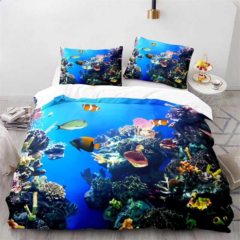 Underwater World King Queen Duvet Cover Cartoon Ocean Animal Bedding Set For Kids Fish Coral Sea Life Soft Polyester Quilt Cover