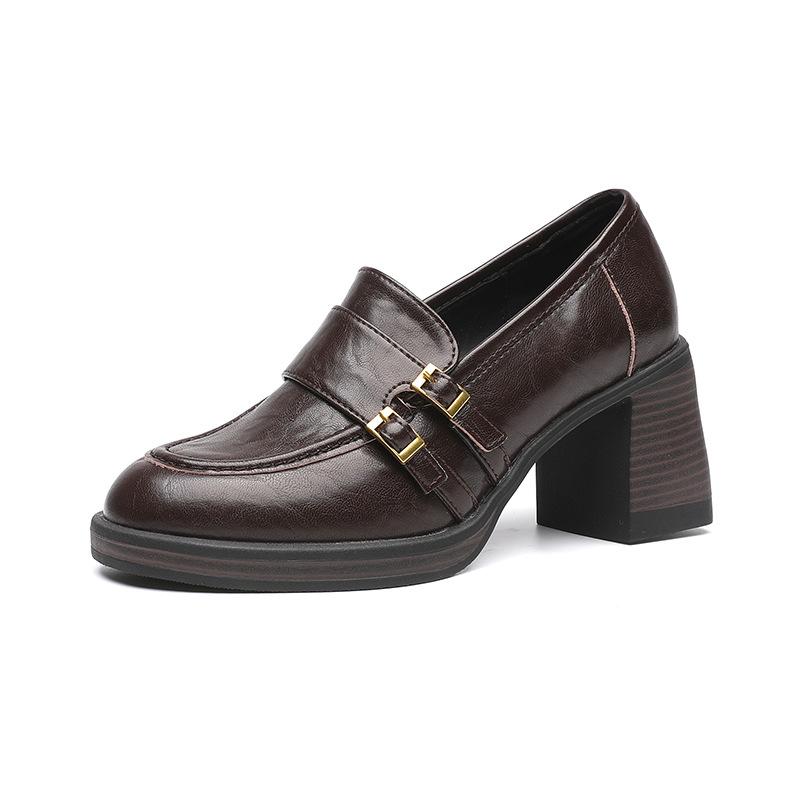 Cowhide retro round head double-breasted medium heel small leather shoes women's one-pedal loafers commuter shoes