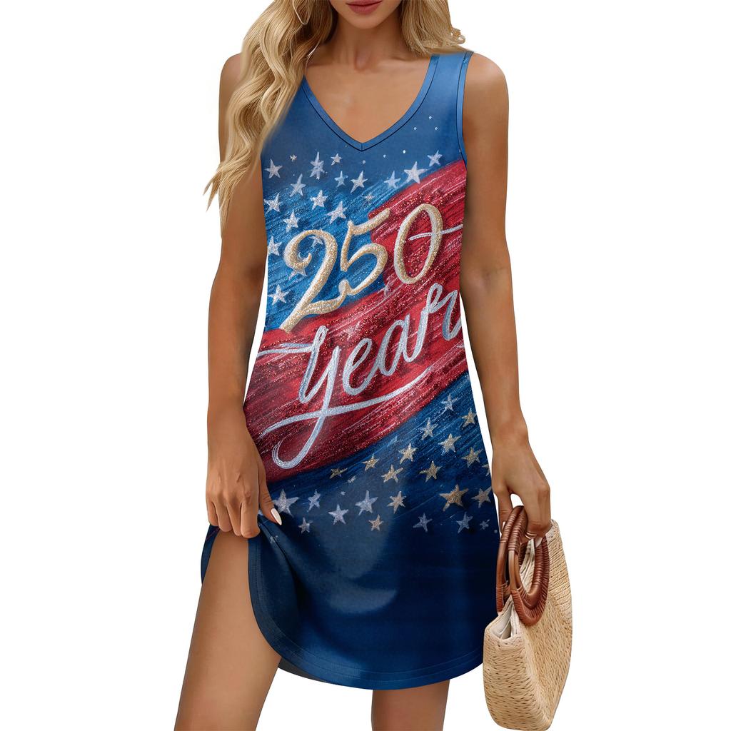Women's Summer Casual Sun Skirt With Pocket V-Neck Independence Day Printed Loose Vest Dress