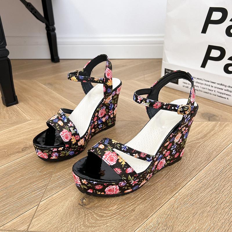 Fashion Summer New Wedge-heeled Sandals Women Fashion Round Head Print Open-toe Line with Waterproof Platform High Heels