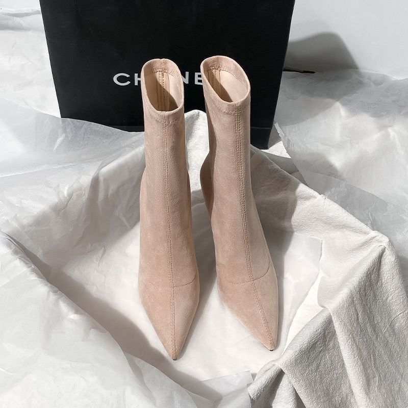 Socks Boots High Heel Thin Heel Pointed Apricot Korean Version Short Boots Women Thin Boots Suede Monsoon