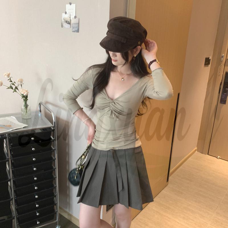 

Women s Spring Tencel V-Neck Three-Quarter Sleeve Shirt S хакі