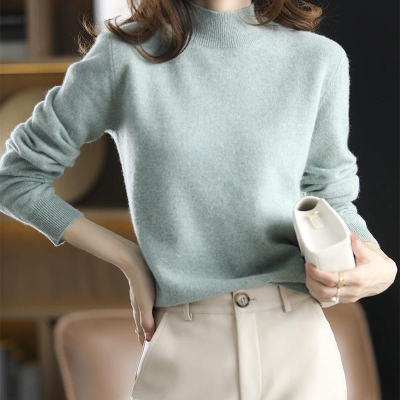 Half High Neck Fashionable Versatile Knitted Sweater for Women, Autumn and Winter Short Style Pullover, Solid Color Loose Sweater Base