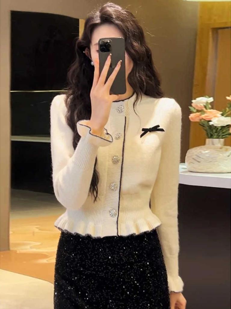 Dámský úzký pletený kardigan s mašlí – francouzský a korejský styl, podzimní/zimní design