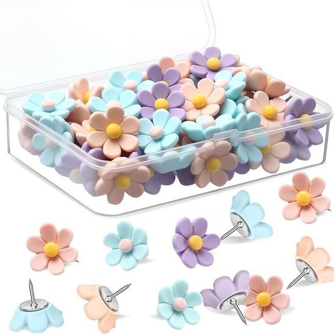 

30 Colorful 3D Flower Resin Pushpins for Felt Boards and Polaroid Photos Blue/Purple/Pink Set of 30
