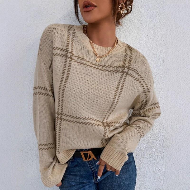 Retro Lazy Autumn Winter Round-neck Sweater Casual All-matching Plaid Stripe Knitted European American M