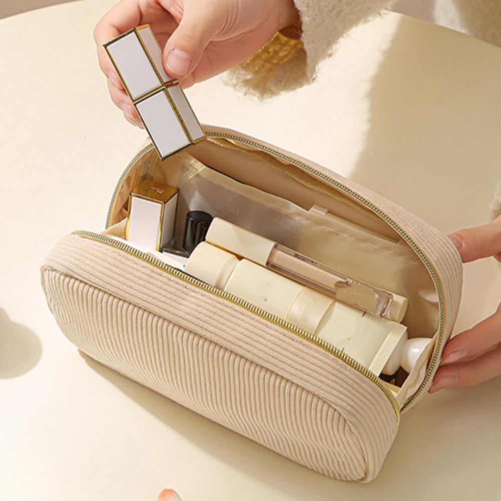 Women Corduroy Stripe Makeup Bag Large Capacity Cosmetic Storage Bag Portable Travel Zipper Washing Bag Toiletry Organizer Pouch
