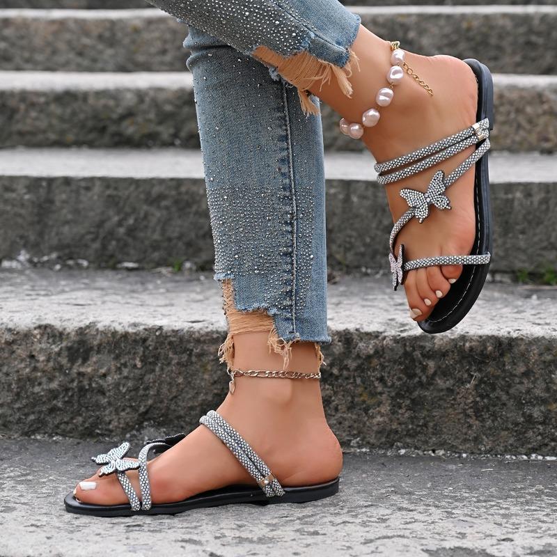 Summer New Fashion Two-wear Cool Slippers Flat-bottomed Rhinestone Butterfly Open-toed Slippers Women's Outer Wear