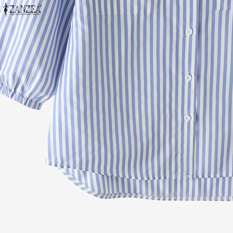 ZANZEA Women Casual Turn Down Collar 3/4 Sleeve Loose Stripe Blouse