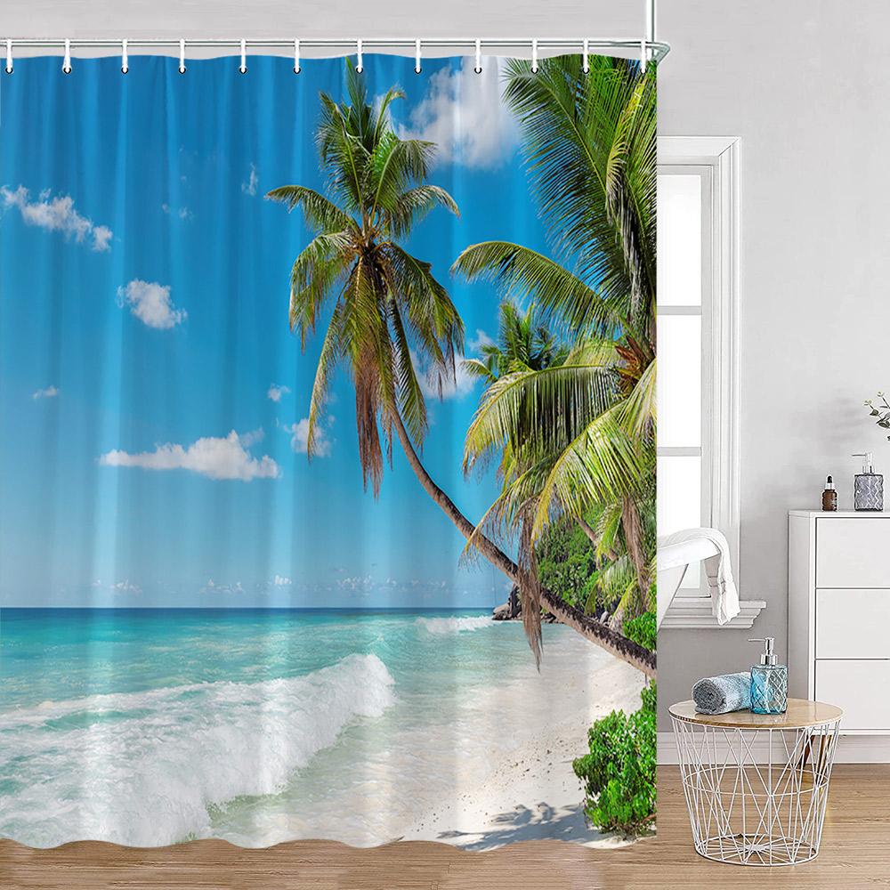 Coastal Shower Curtain Open Window View Of The Sky Clouds Rising Sun Seascape Grass Morning Scenery Bathroom Decor Set With Hook