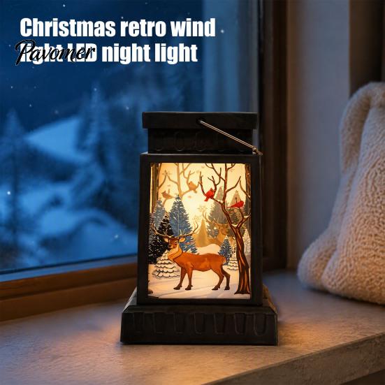 Warm LED Lantern Retro Christmas Night Light, Hand Painted Miniature Fairy Tale for Cozy Living Room Light Holiday Home Decor, Plastic Decorative Lamp