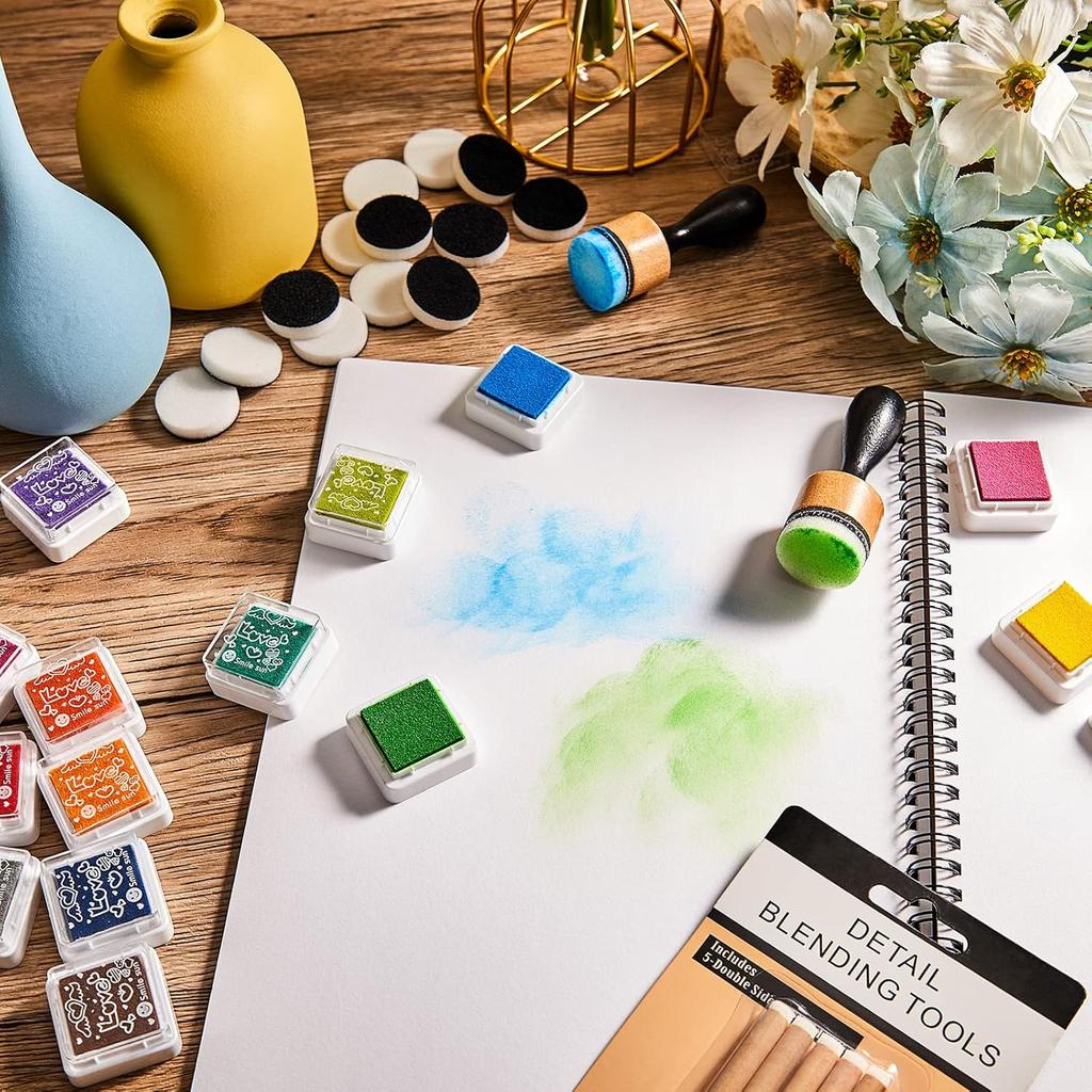 52 Pieces Mini Ink Blending Tools with Replacement Foam Detail Blending Tools and 24 Colors Stamp Ink Pad Stamps for Distressing Scrapbooking Wood
