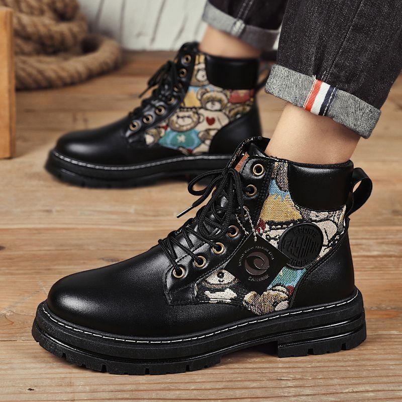 British Style 2026 New Youth High Top Printed Patchwork Workwear Leather Boots Men's Spring Autumn Outdoor Casual Shoes