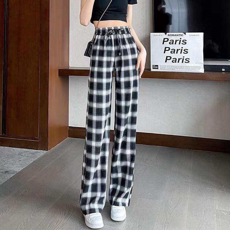 Damen Übergröße Karierte Eisseide Weitbeinige Hose - Schlankmachend, Leicht, Sommer 2025 Freizeit-Hose