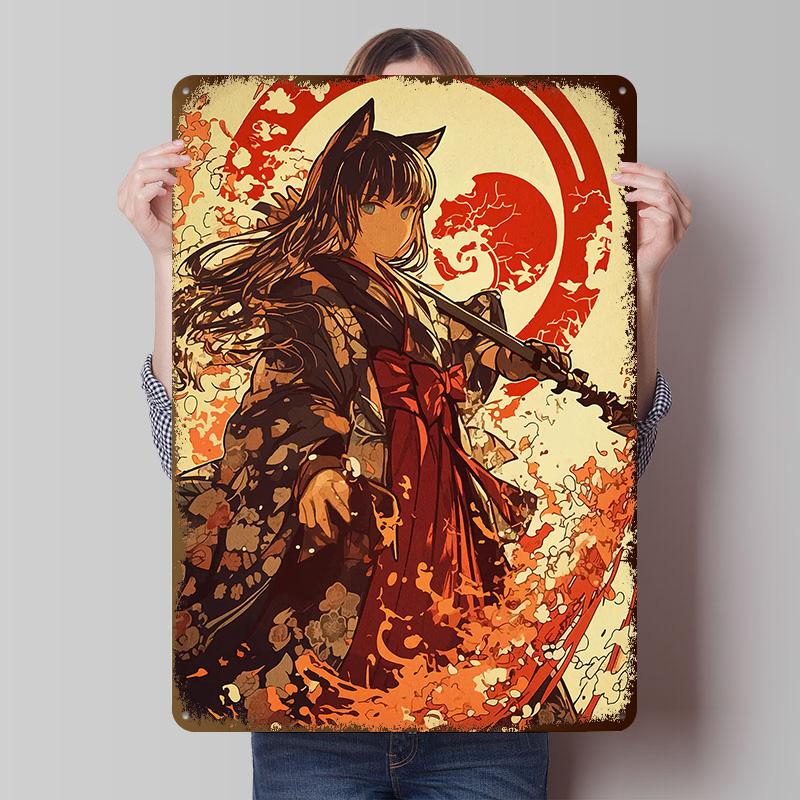 Anime Girl With Katana and Fox Ears Metal Poster Customized Wall Art Retro Vintage Tinplate Signs for Man Cave Coffee Bar Decor